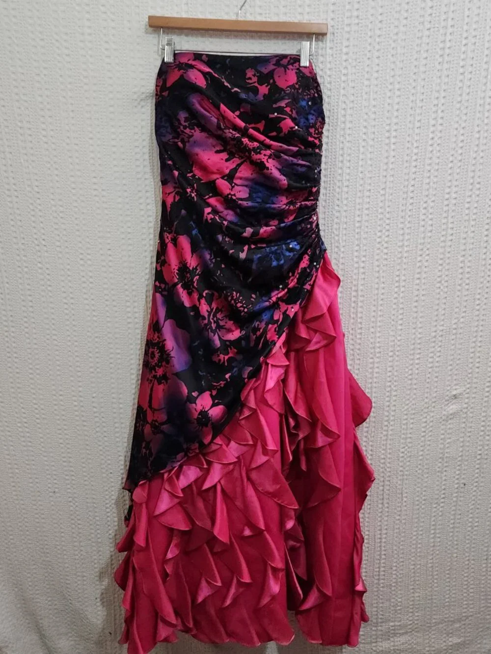 Y2K Strapless Ruffle Prom Dress Floral Black Pink Lizzie McGuire Vibe Size 13/14 - Picture 4 of 15